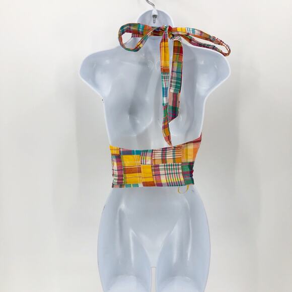 Staud x Birkenstock Womens Kai Halter Top 4 Yellow Madras Patchwork Plaid NWOT - Picture 8 of 11